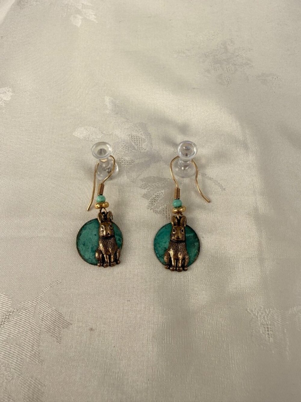 Vintage Bronze-Look Rabbit Dangle Earrings w/ Turquoise Accents & Fishhook Backs